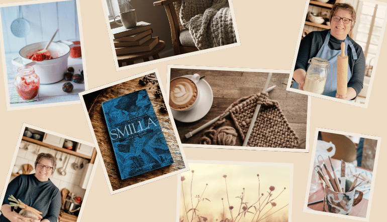 EIne Collage von Bildern zum Thema Hygge, Basten, Stricken, Bücher, Naturbild und kochen sowie Backen