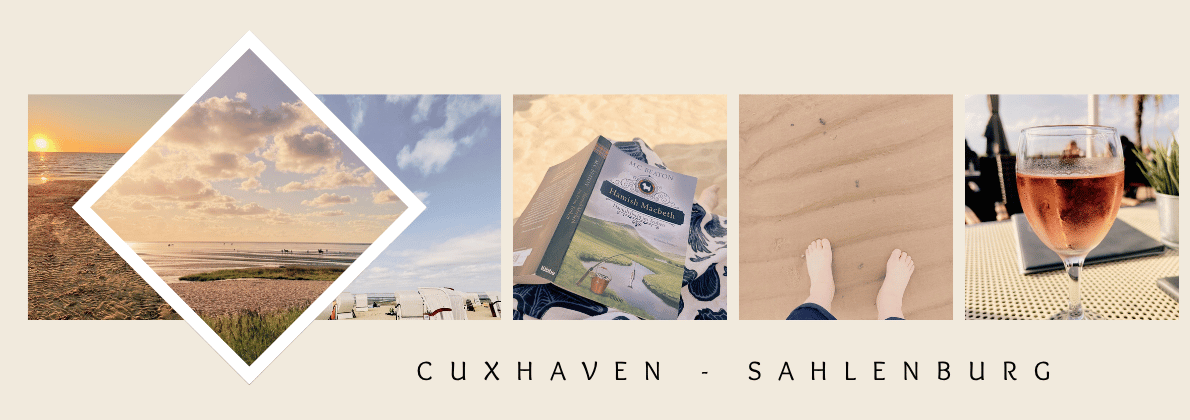 Das Bild ist eine Collage mit Bildern von Cuxhaven Sahlenburg, Stand, Strandkörbe, lesend am Strand, meer, Sonnenuntergang